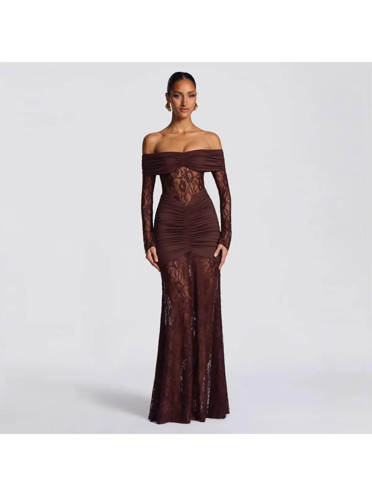 

Fall Season Hollow out Lace Splice One Shoulder Sleeveless Long Sleeve Wrap around Skirt Evening Dress for Women Sexy High Wa...