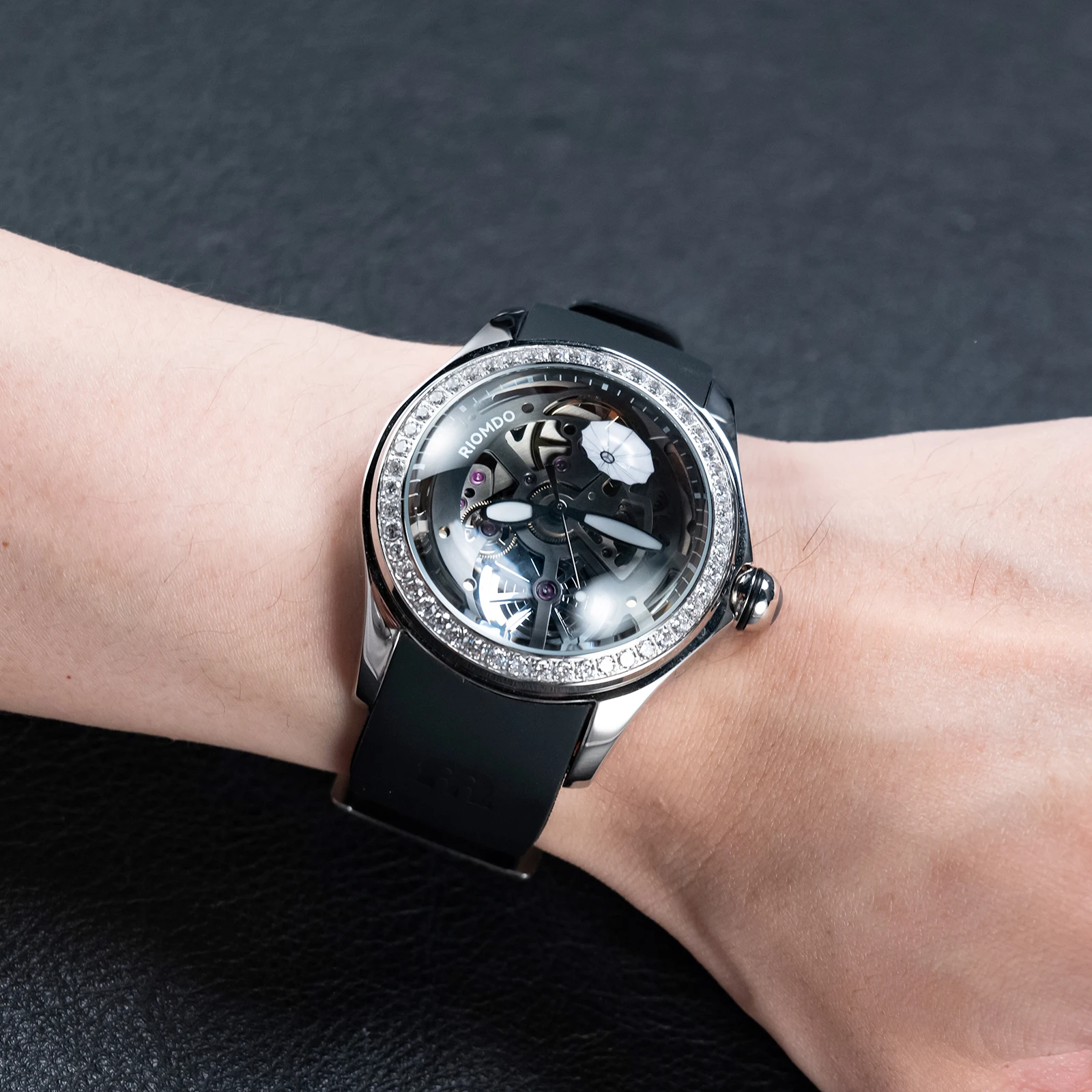 OBLVLO Men's 46mm Machinery Skeleton Dial Automatic Watch with Diamonds Luminous Waterproof Rubber Band Military Watch RD-718