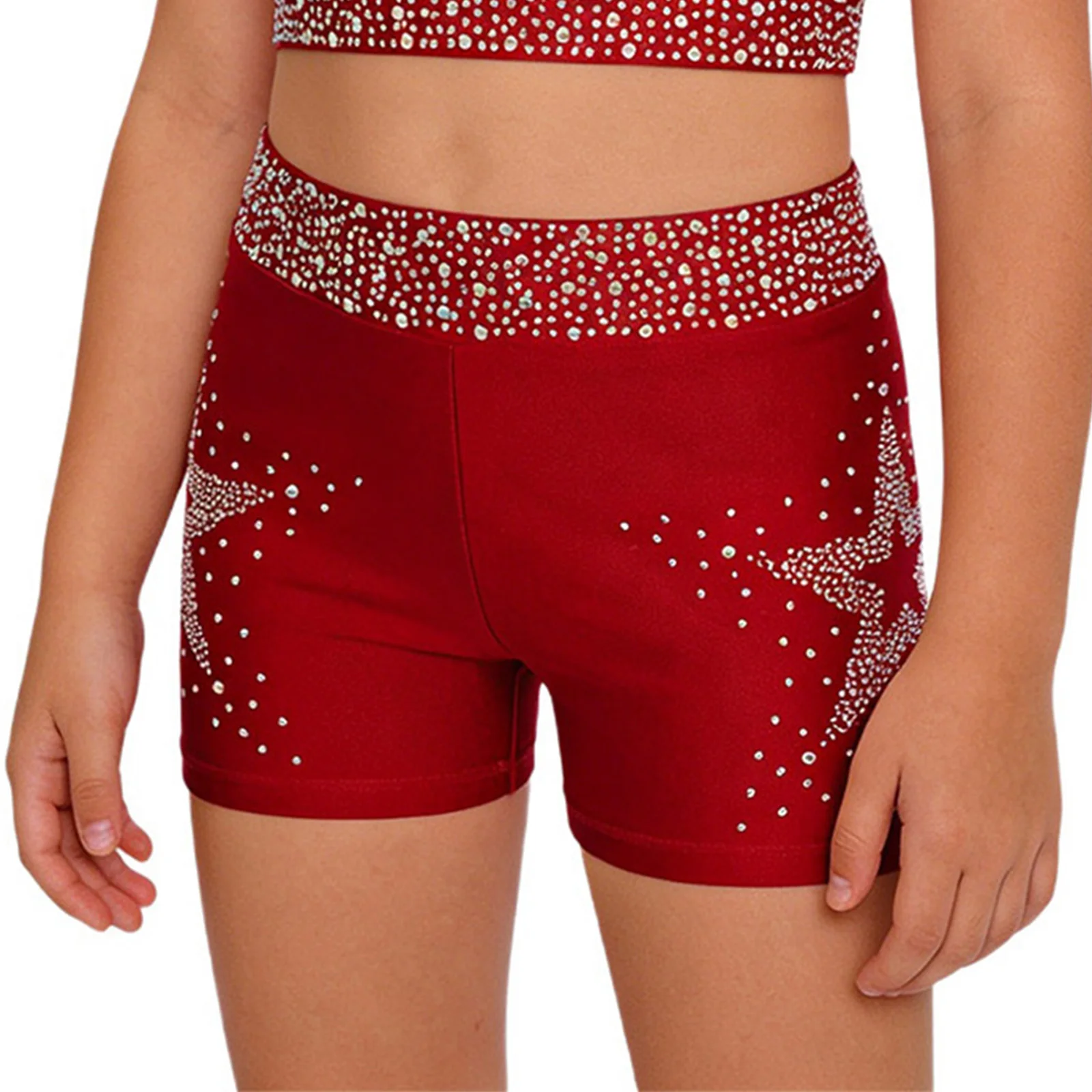 Kids Girls Sparkling Stars Rhinestone Rhythmic Dance Gymnastics Costume Elastic Waistband Shorts Ballet Figure Skating Costumes
