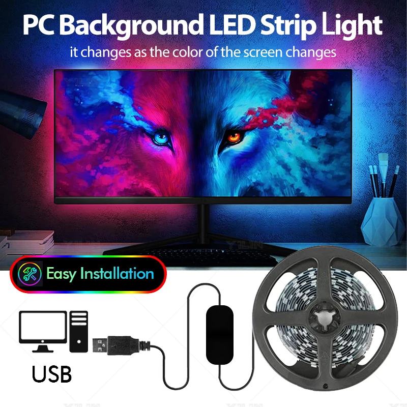 LED USB Computer Strip Screen Color Sync Back Light Bar RGBIC Dream Color E-Sports Monitor Ambient Decor Lamp Software Control