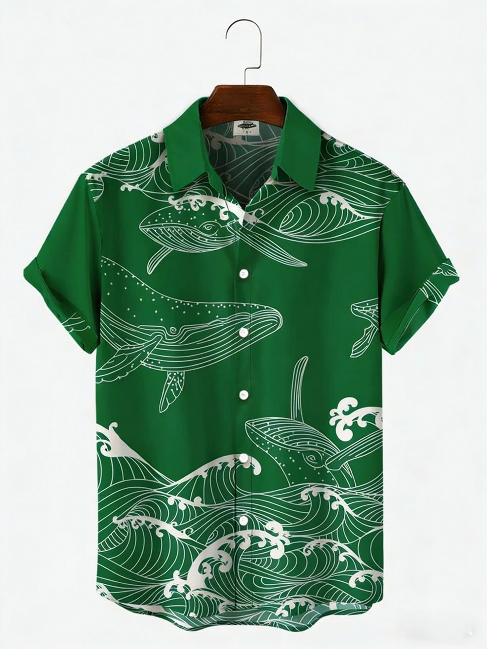 National Style Ocean Whale Print Shirt for Men in Summer Beach Photography, Refreshing and White Looking Loose Short Sleeved Top