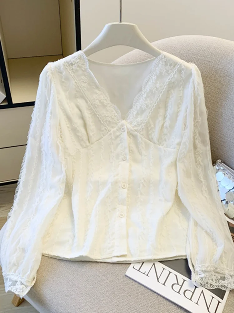 

Женская весенняя модная базовая майка-топ из полиэфирного волокна с длинными рукавами-фонариками и кружевом