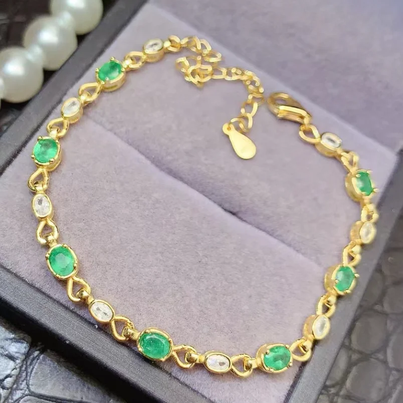 Colombian Emerald Bracelet for Wedding 3mm*4mm 0.7ct Emerald Silver Jewelry 18K Gold Plated Gemstone Bracelet