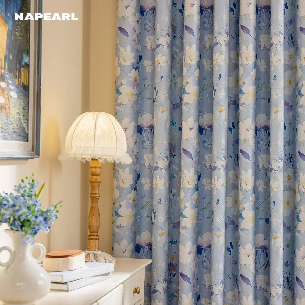 الريف الفرنسي نمط الأزرق الأزهار الستائر لغرفة النوم غرفة المعيشة 1 قطعة 100% ستائر التعتيم الطازجة الدافئة ديكور المنزل #1