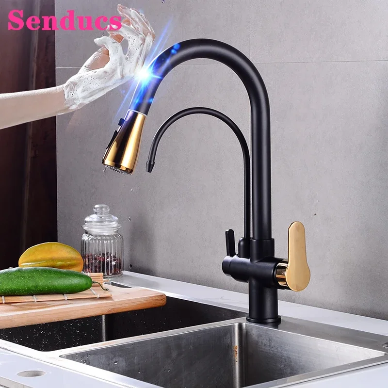 Touch Filter Kitchen Faucet Quality Brass Pull Out Kitchen Mixer Faucet Black Gold Smart Touch Pull Out Filter Kitchen Mixer Tap