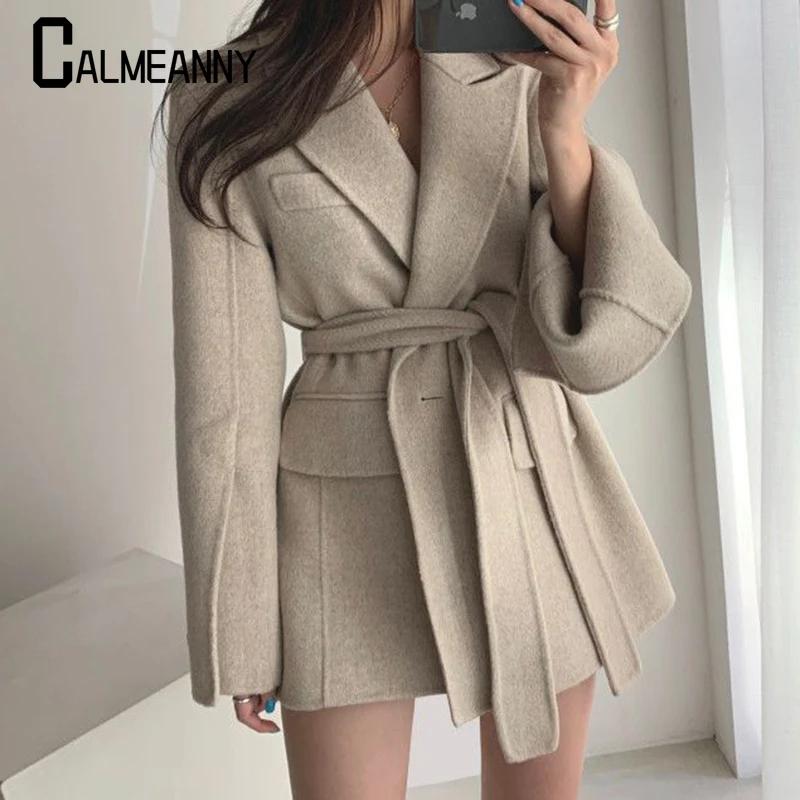 2023 Winter New Style Woolen Jacket Women Lace-up Chic Thicken Blend Korean Edition Elegant Lapel Long Coats Ladies Office Trend