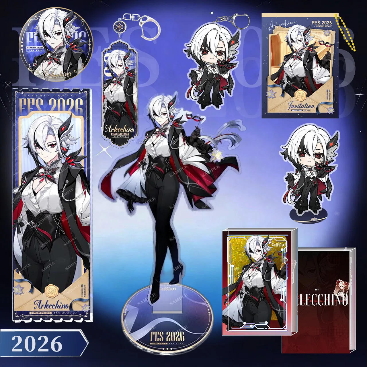 Genshin Impact Servant Yuanshen 2026 FES Peripheral 8pcs Set Double Flash Badge 16CM Large Acrylic Standee Keychain