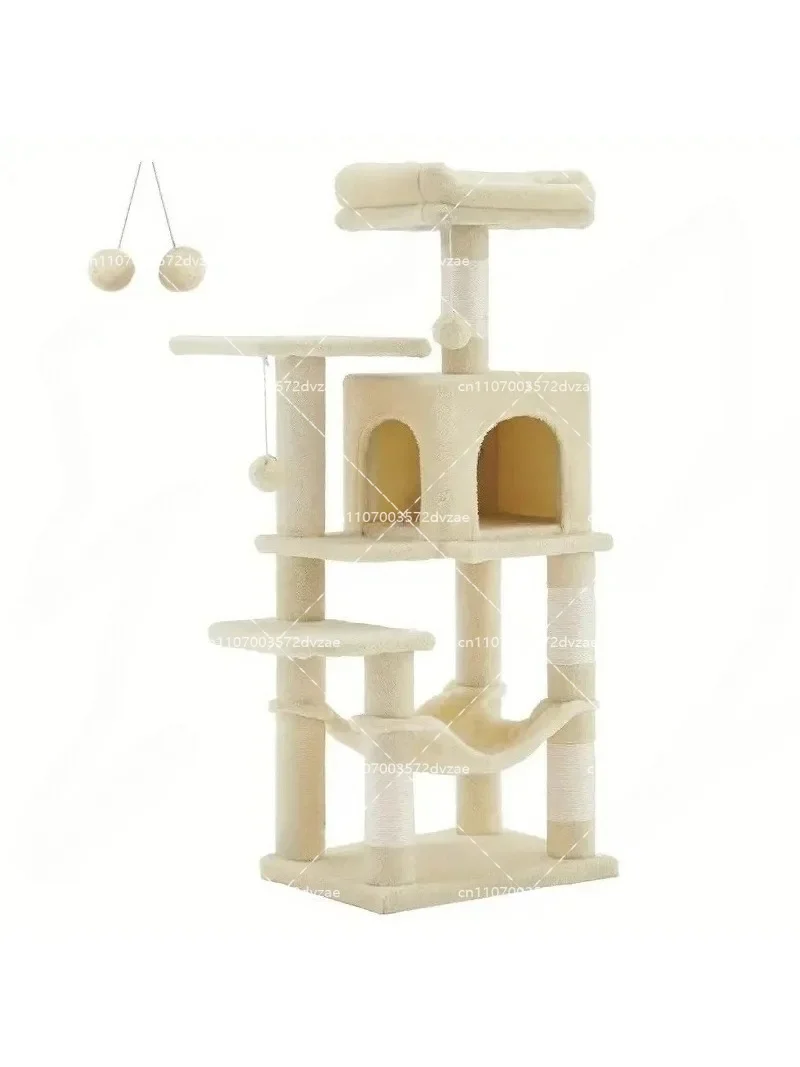 Pink Large Multi-level Cat Tree Tower with Hammock Luxury Wood Pet Scratcher for Cats