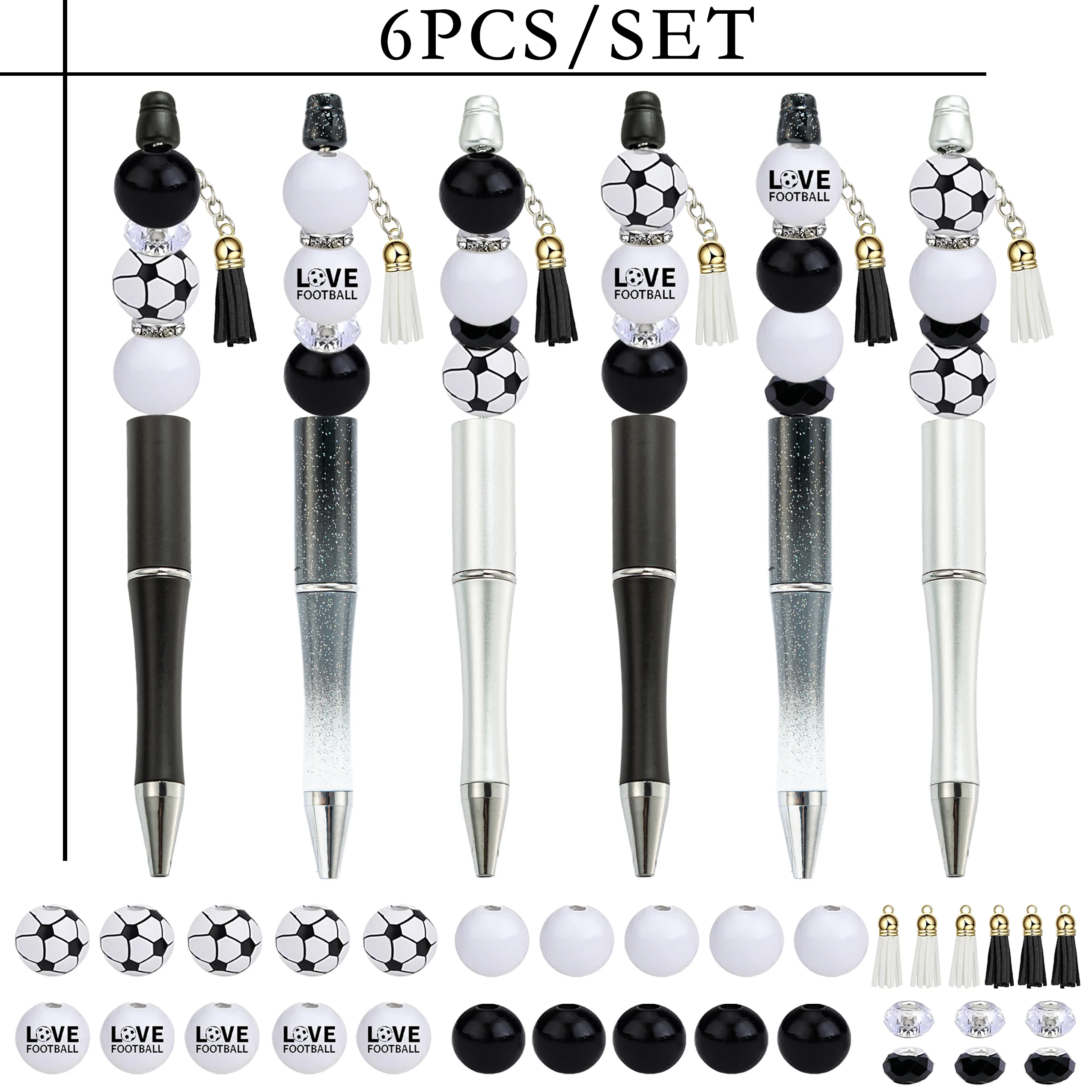 

6PCS football themed DIY bead pens and bead tassels set - football enthusiast club gifts, office and study supplies