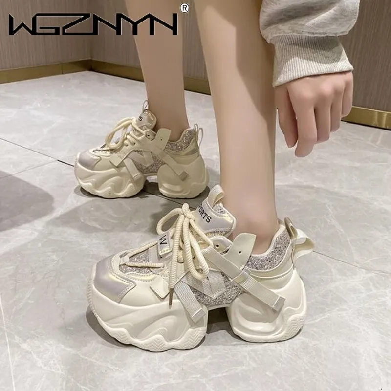 

New Designer Women Autumn Chunky Sneakers Thick Bottom Leather Shoes High Platform Vulcanize Shoes Bling Casual Sports Dad Shoes