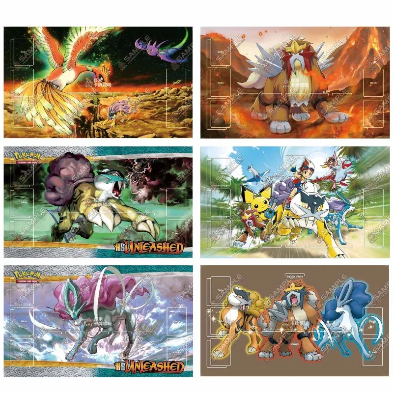 

PTCG три сакральной серии 600x350 мм, коллекционная карточная игра, игровой коврик Suicune Entei Raikou, легендарные собаки, резиновый коврик для настольной игры, игрушки, подарки