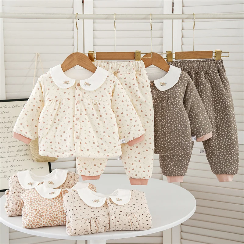 Baby Warm Suits Children Winter Outdoor Thick Plush Coats Trousers 2Pcs Kids Soft Comfortable Cute Print Thermal Clothes Sets