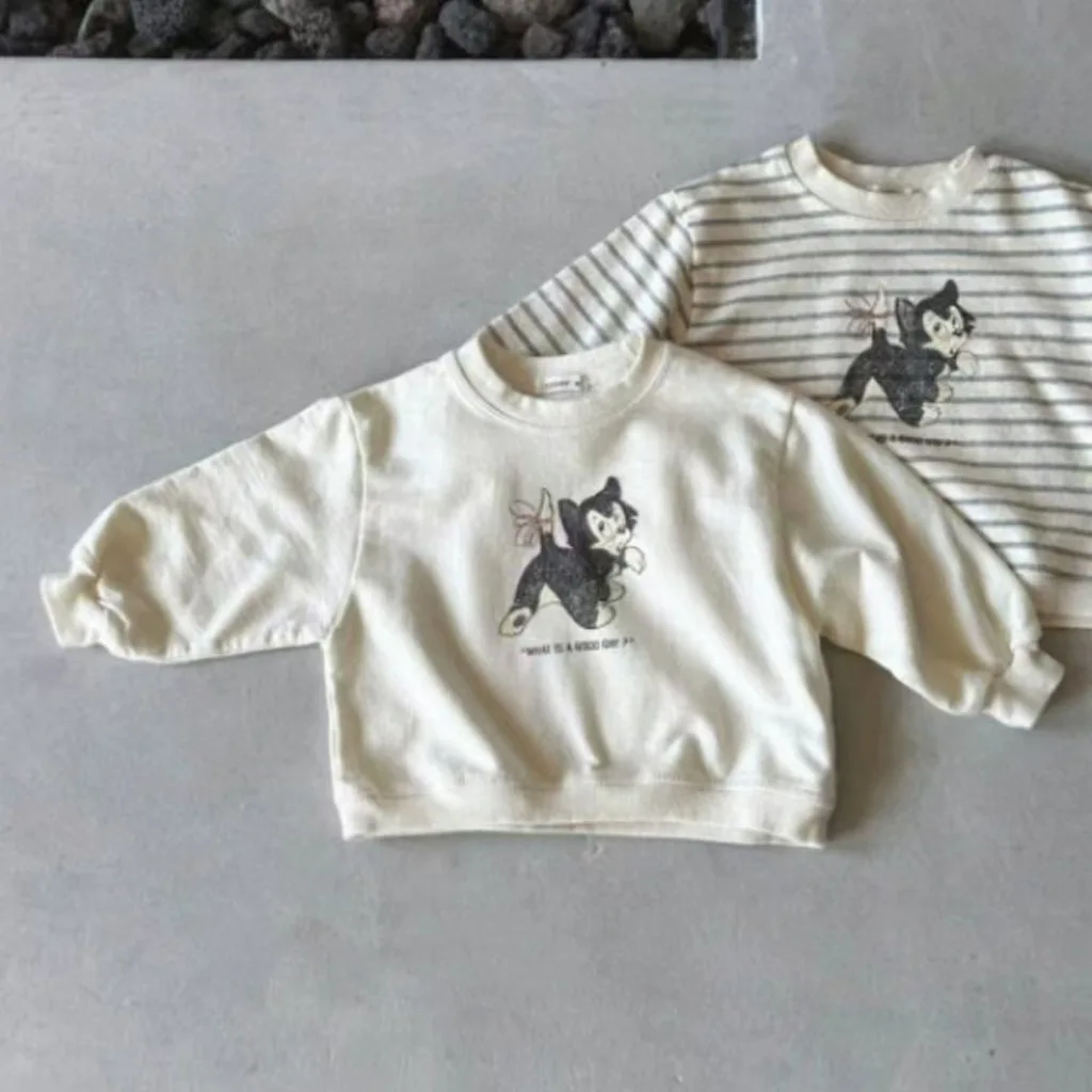 

Autumn New Baby Long Sleeve Sweatshirt Cotton Infant Boy Versatile Striped Pullover Cartoon Print Toddler Girls Casual Tops