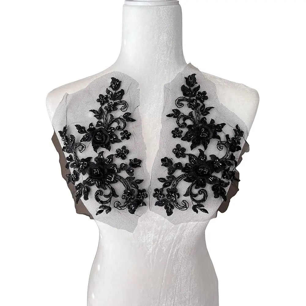

1 Pair 3D Lace Beaded Sequins Flower Sew on Embroidered Lace Applique Wedding Dress Bride's Headdress Adornment DIY Patch Cl