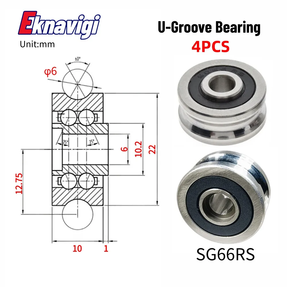 4PCS  SG66+M6 Laser Embroidery Machine U-shaped Circular Groove Guide Roller Double Volleyball Bearing