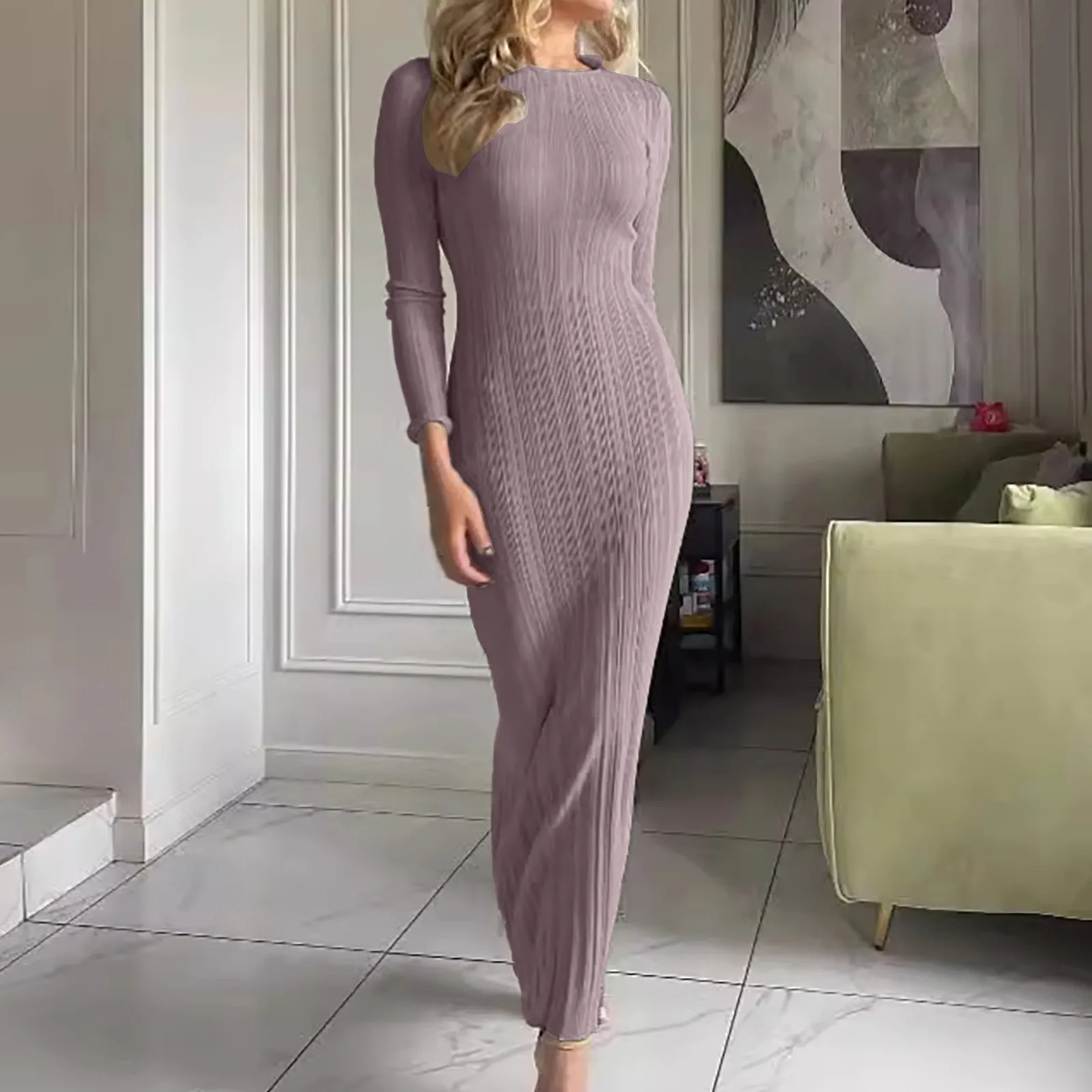 Mulheres outono inverno cor sólida bodycon vestido de malha manga longa tripulação pescoço vestido com nervuras fino ajuste vestido longo bodycon camisola vestido