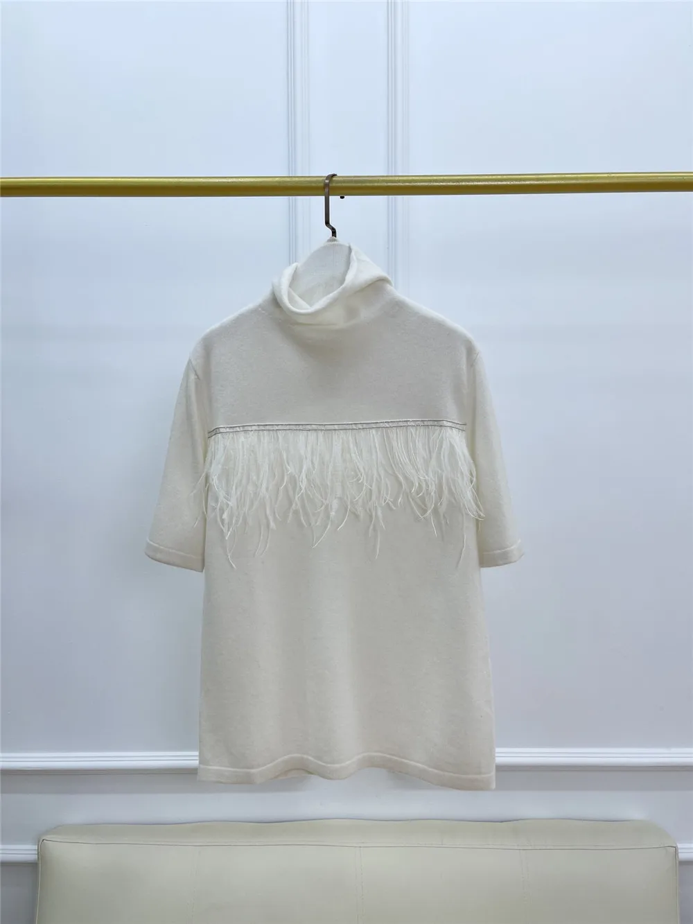 Feather Cashmere Sweater Half Turtleneck Short Sleeve Knitted Top Women 24 Autumn and Winter