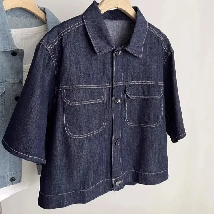 

Retro Hong Kong Sle Summer New Small Size Denim Ort Sve Women Casual Faion Ort Irt Cardigan Thin Top Womens Tops