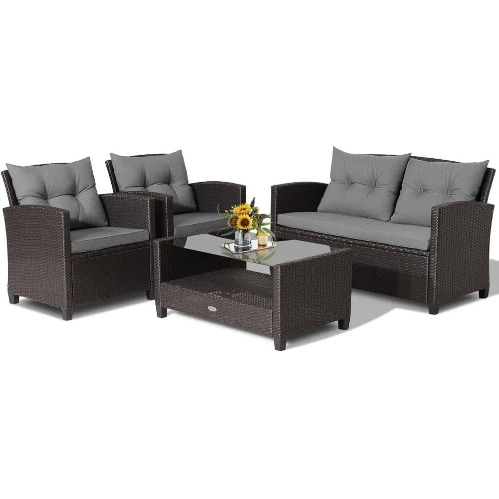 

Grey 4-Piece Outdoor Patio Furniture Set: Loveseat, 2 Chairs, Coffee Table for Garden, Poolside, Balcony