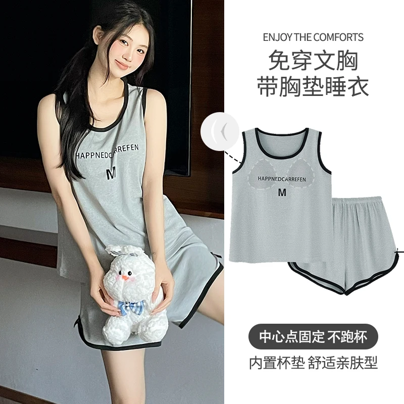 

Sexy Summer Women Vest Pajamas Set Summer Modal Nightwear With Chest Pad
