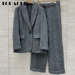 9.28 TOPACHIC-Women's High Quality Herringbone Lapel Single Button Blazer Or Straight Roll-up Pants Office Lady Casual Wool Set