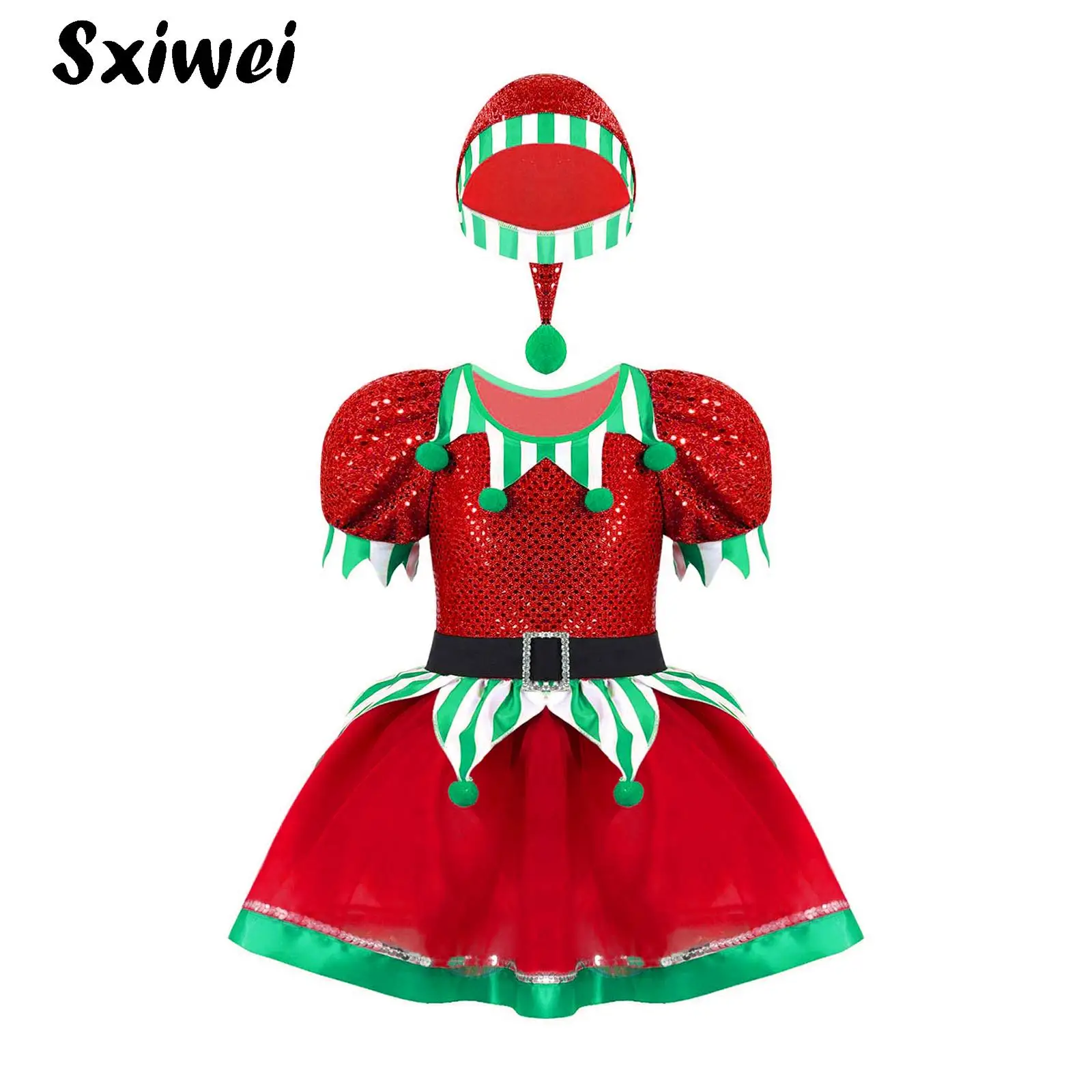 Girls Christmas Elf Dress Candy Cane Striped Ballet Tutu Figure Skating Leotard Green Sequins Festival Party Performance Outfits