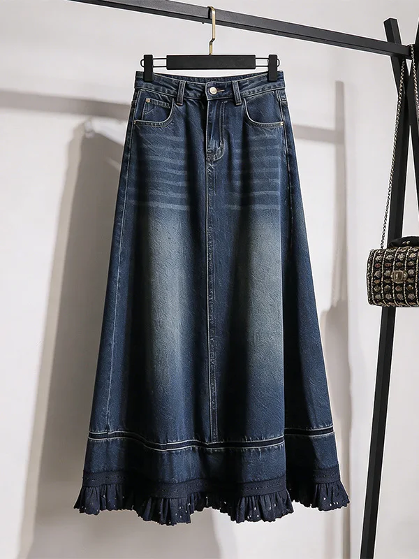 

Retro Tassel Trim Flared Hem Denim Skirt Women's High Waist Slim A-Line Skirt Spring 2026 Korean Style Breathable Skin-F...