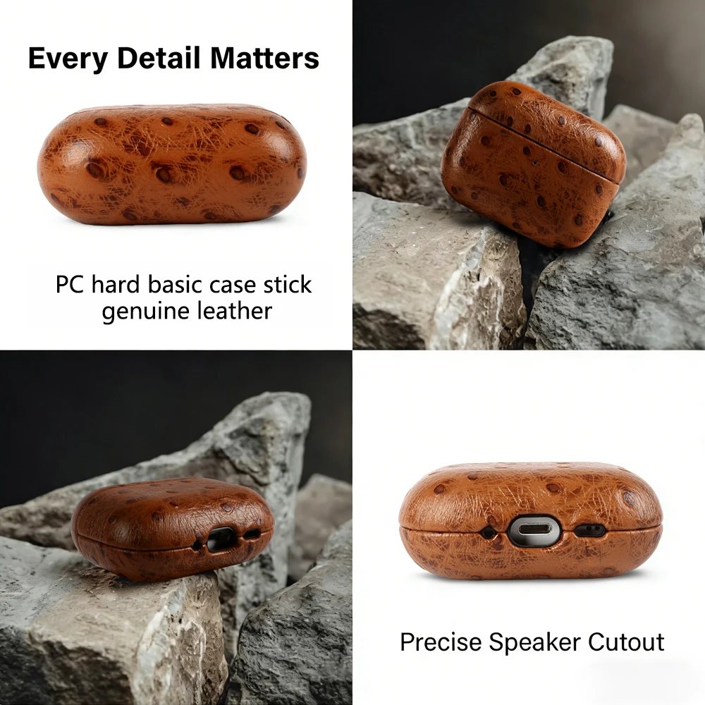 Funda para auriculares de cuero genuino con estampado de piel de avestruz, compatible con Airpods 5, 4, Pro, 3, Pro3, Pro 2, Pro2 y Airpods 4. Estuche para auriculares inalámbricos Bluetooth.
