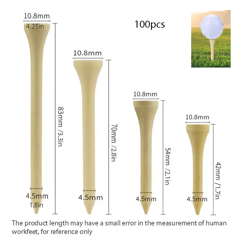 Portable Wood Golf Tee, Easy to Use, Professional Accessory, 42mm, 54mm, 70mm, 83mm, 100Pcs