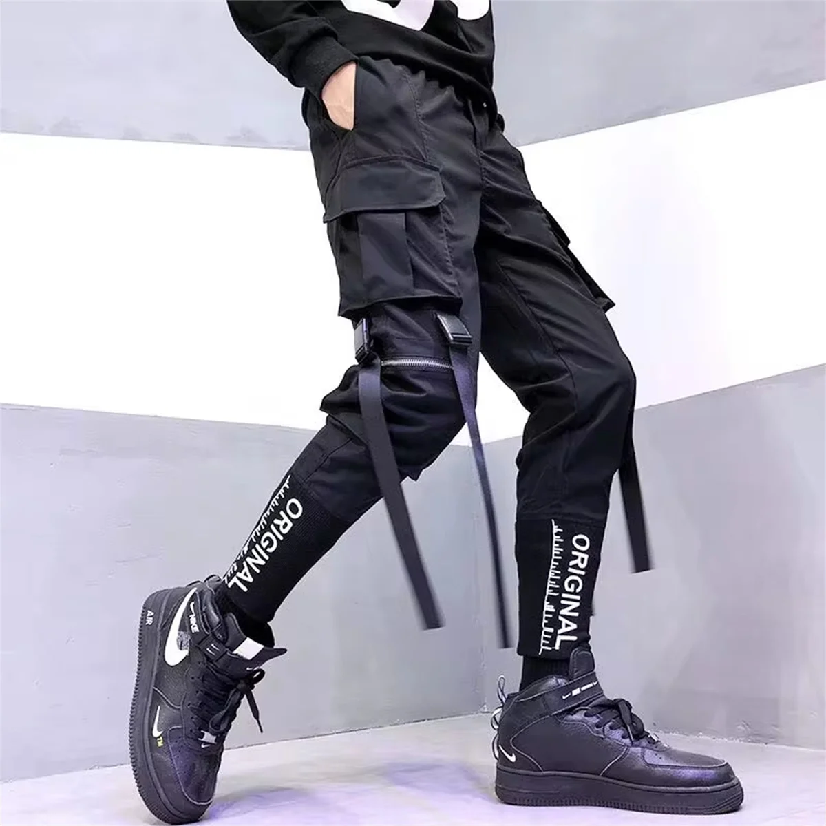 Men\'s Cargo Pants Casual Hip Hop Hit Color Multiple Pockets Trousers Streetwear Ribbons Techwear Sweatpants Boys