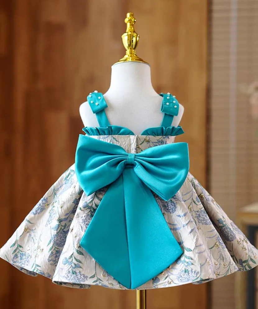 Flower Girls Sling Evening Gown Bow Bead Sleeveless Design Kids Catwalk Wedding Birthday Party Baptism Dresses For Girls A2512