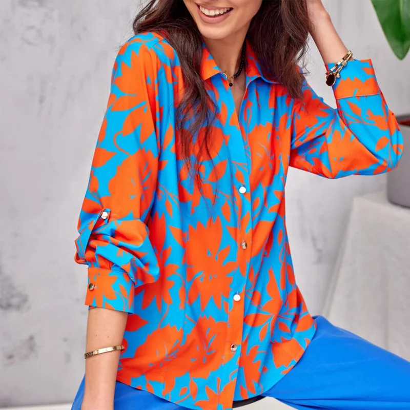 Autumn Fashion Printed Button Shirt Women Casual Loose Collared Button Up Printed Shirt Women