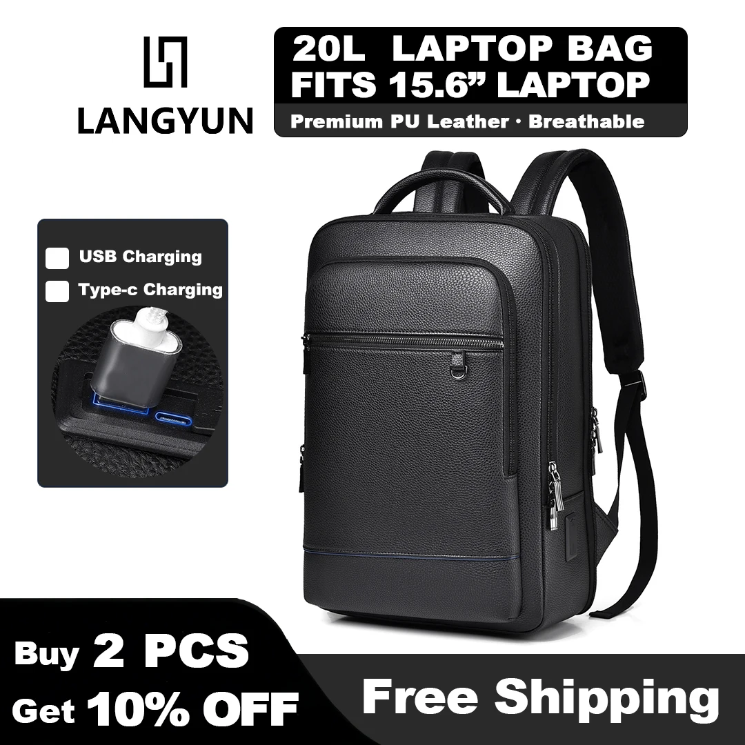 

LANGYUN Men's Business Backpack 15.6" Laptop Bag Waterproof with USB Charging Port 180° Opening Travel Work Bag