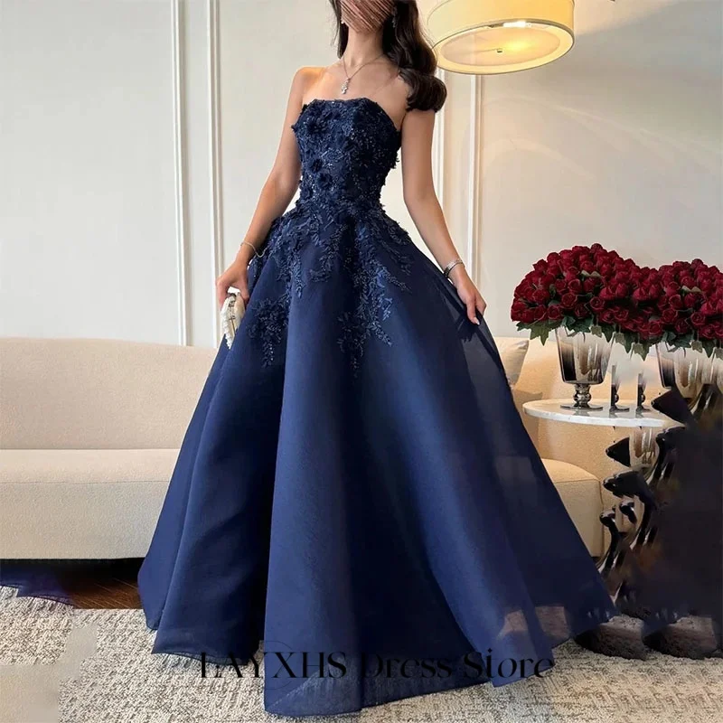 LAYXHS ciemnoniebieskie formalne suknie wieczorowe paski spaghetti linia A 3D aplikacja koronkowe suknie balowe dostosowane szaty de soirée