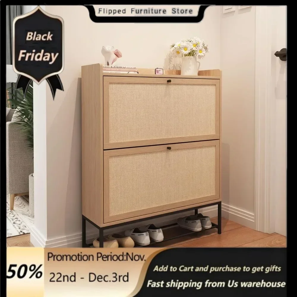 

Freestanding Shoe Cabinet with 2 Flip Drawers - Modern Narrow Organizer for Hallway, Bedroom, and Entryway (Natural)