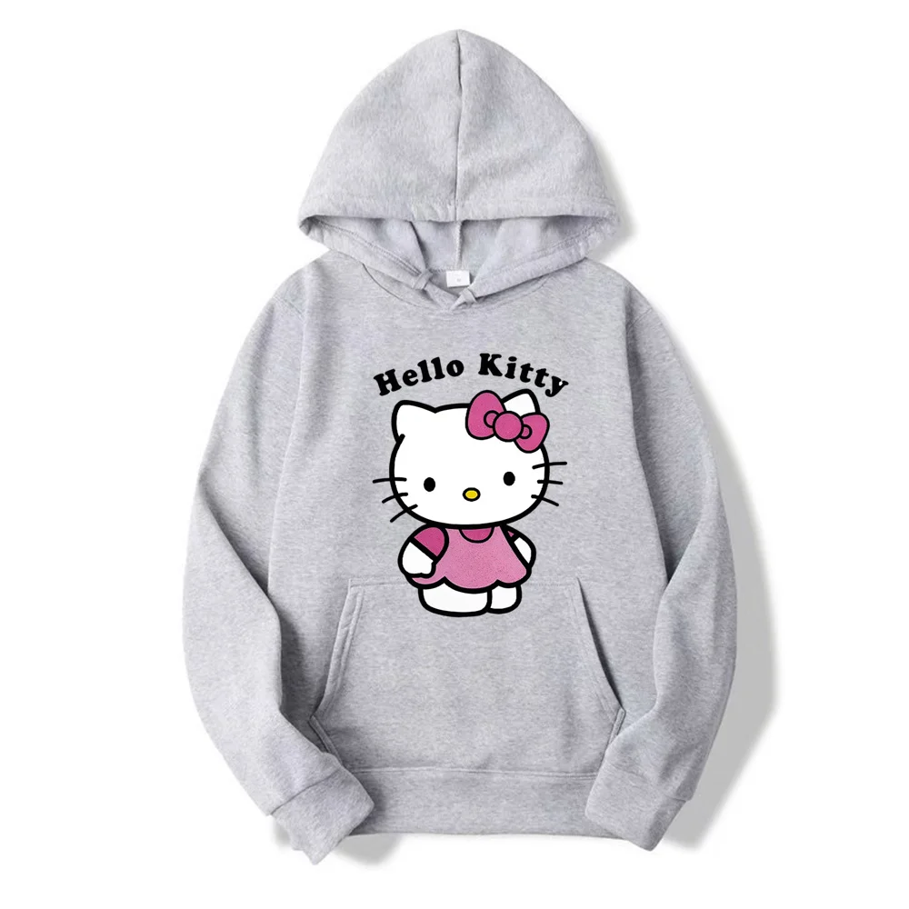 Bonitos moletons estampados Hello Kitty para mulheres, capuz casual confortável, capuz solto clássico, roupas básicas originais, na moda, quente