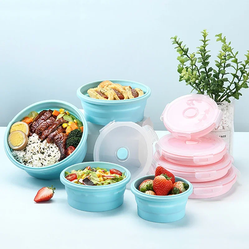 4pc Round Silicone Folding Lunch Box Microwave Folding Bowl Portable Folding Food Container Box Salad Bowl with Lid