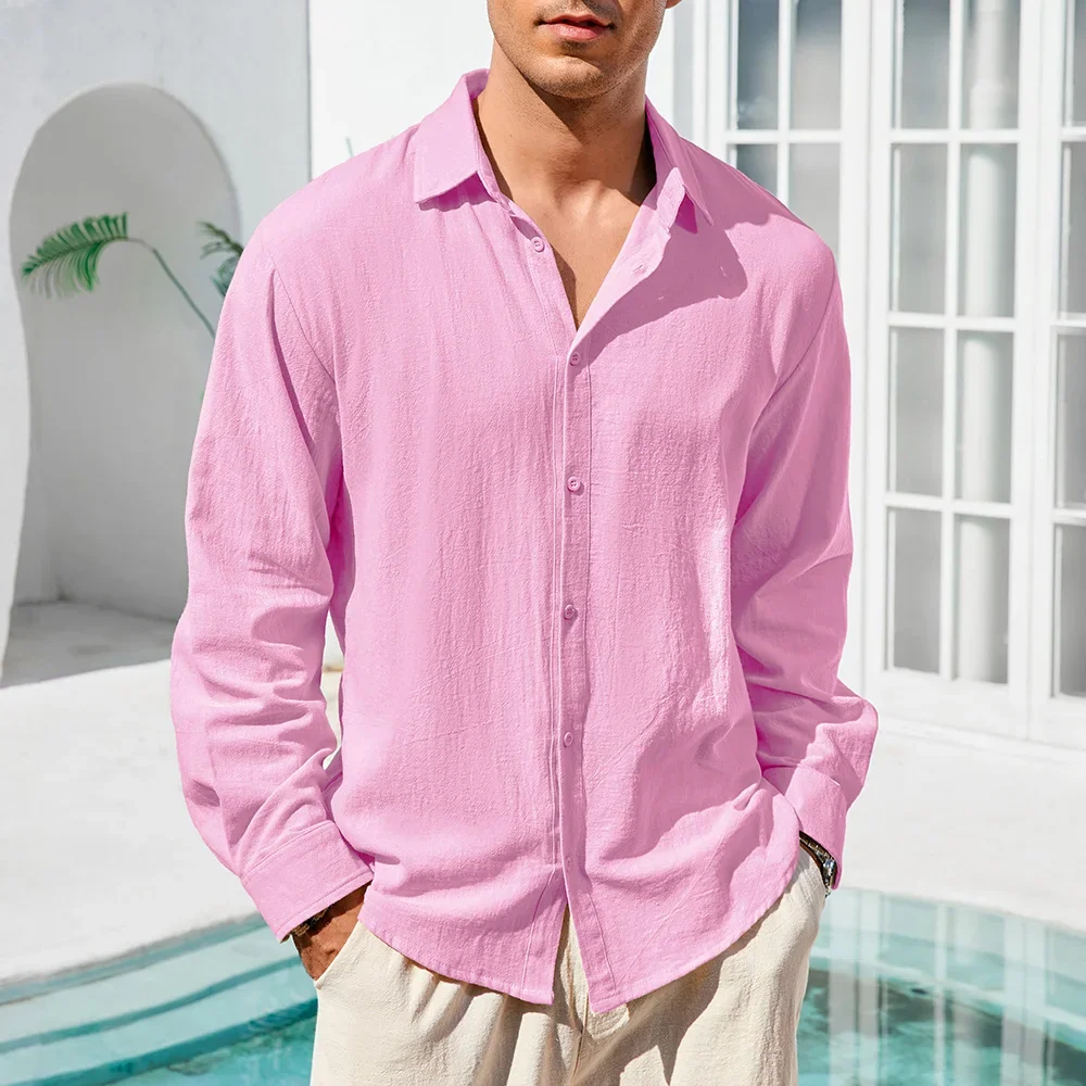 Kemeja Kasual Pria Katun Linen Warna Solid Bernapas Ringan Hawaii Lengan Panjang Kerah Lapel Atasan Nyaman Pakaian Pria