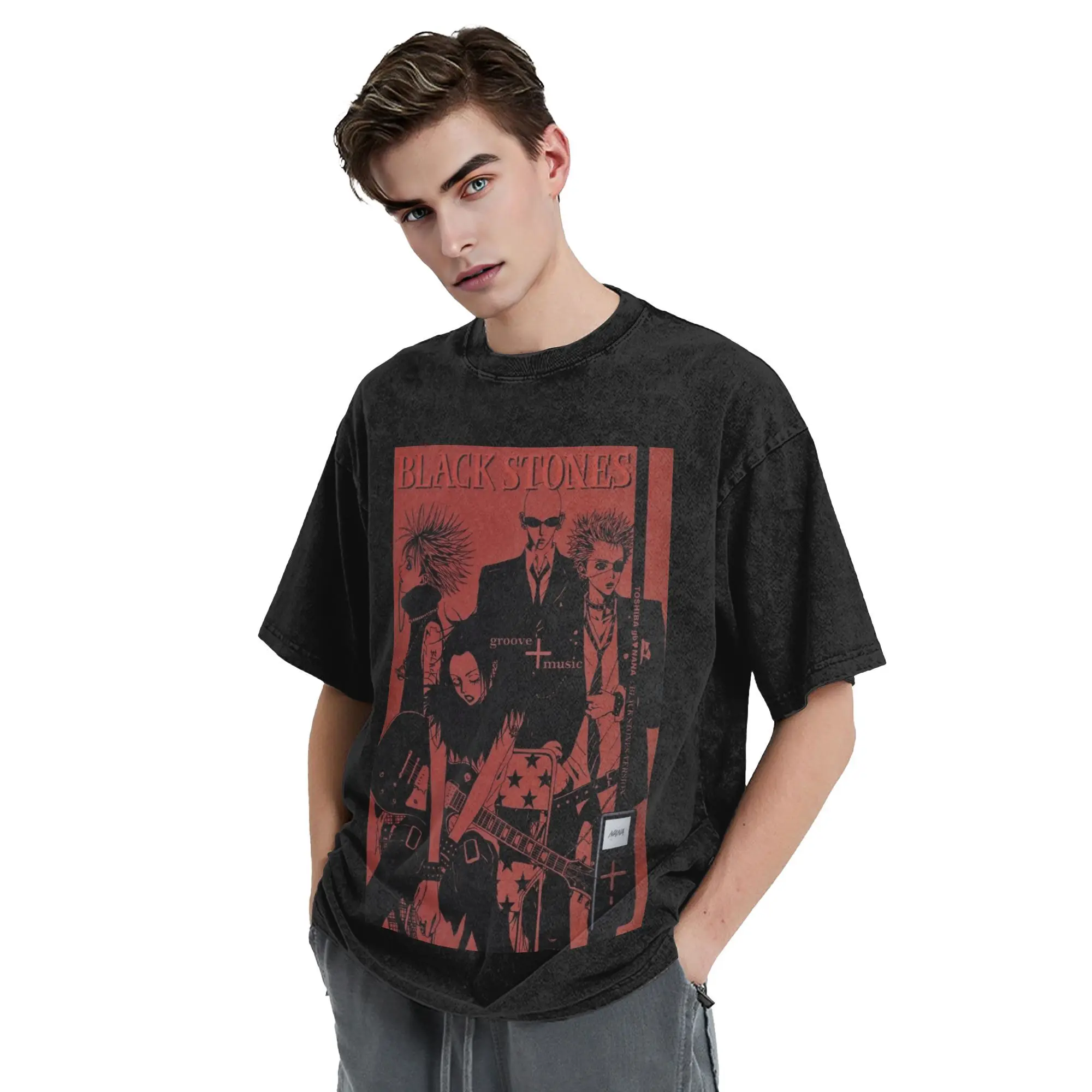 Nana The Black Stones Band Spread Washed T Shirts Streetwear Hip Hop Vintage T-Shirts Tees for Men Women Cotton Oversize Printed