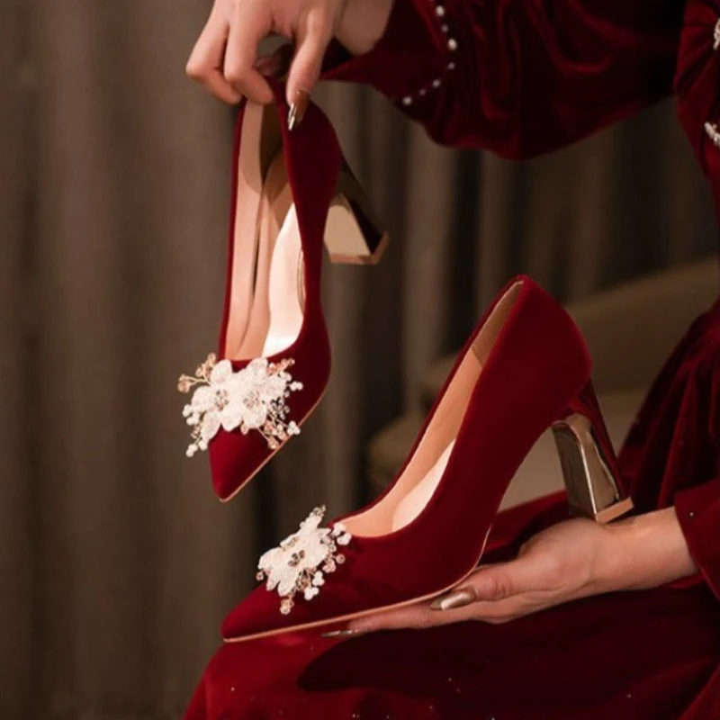 New Women's High Heel Shoes Causal Wedding Versatile Wine Red Ladies Bride Dress Shoes Luxury Woman Performance Mary Jane Shoes