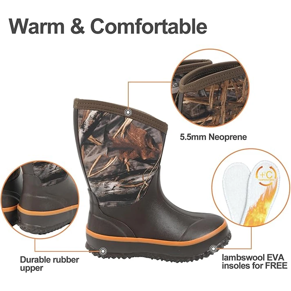 Tactical Children's Warm Rain Boots Waterproof Camo Mud Boots Winter Fleece-Lined Snow Boots for Hunting Fishing Outdoor Play