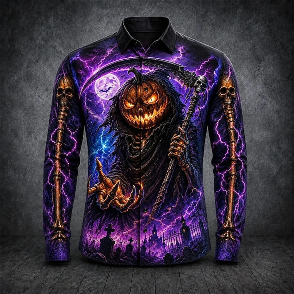 Men's Fashionable Long-Sleeve Halloween Shirt Spooky Castle Pumpkin and Bat Print Button-Down Shirt Festive Party Collared Top