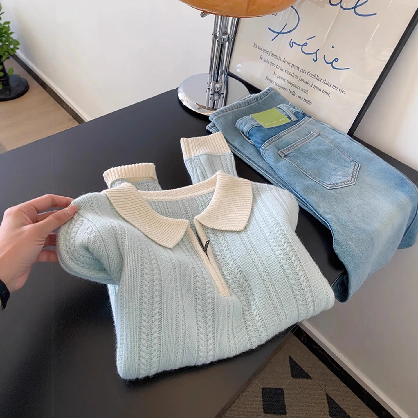 Half Zip Design Knitting Sweater for Women Splicing Color Blocking Turn-down Neck Spring Autumn New Stylish Versatile Pullover
