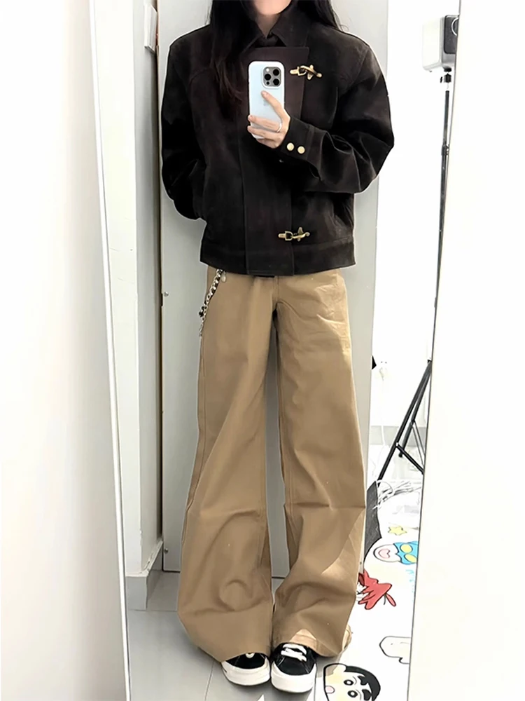 

Американские ретро рабочие брюки цвета хаки, мужские свободные широкие повседневные брюки, прямые расклешенные джинсы с высокой талией и застежкой-молнией