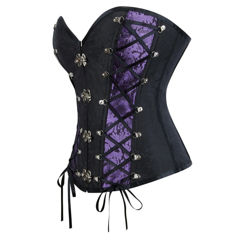 Purple Retro Jacquard Overbust Corset Tops Gothic Lace-up Decoration Slimming Shaper Bustiers Strapless Fishbone Bodice