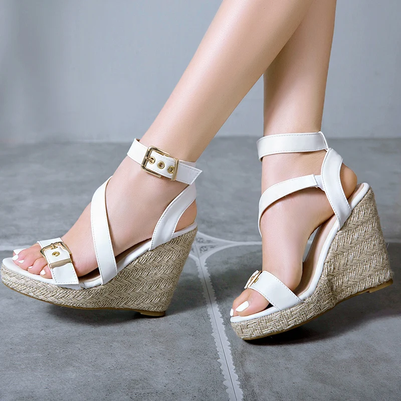 Fashion Wedge Sandals Women Summer Shoes Platform Knitted High Heels Flip Flops Large Size Cross Strap Party Shoes Female White