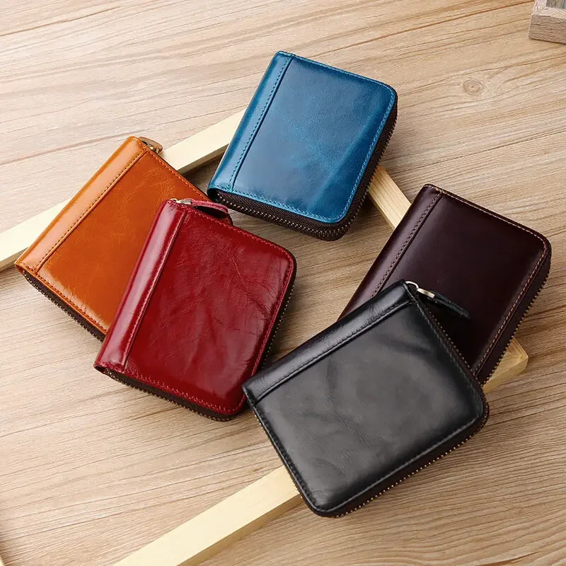 Zipper Credit Card Holder Wallet Oil Wax Genuine Leather RFID Womens and Mens Cards Cases Purse Key Small Change Card Bag