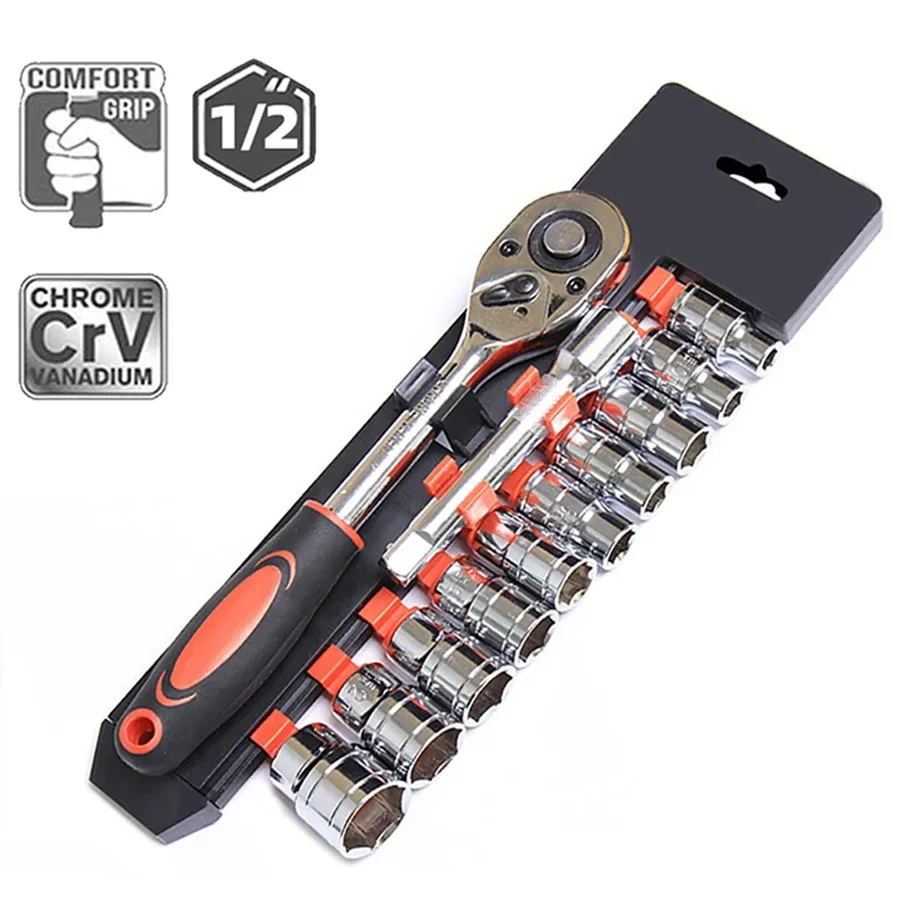 12pcs 1/2 Inch Socket Wrench Set Metric Impact Sockets Ratchet Spanner Complete Tool Kit Professional Garage Repair Tool