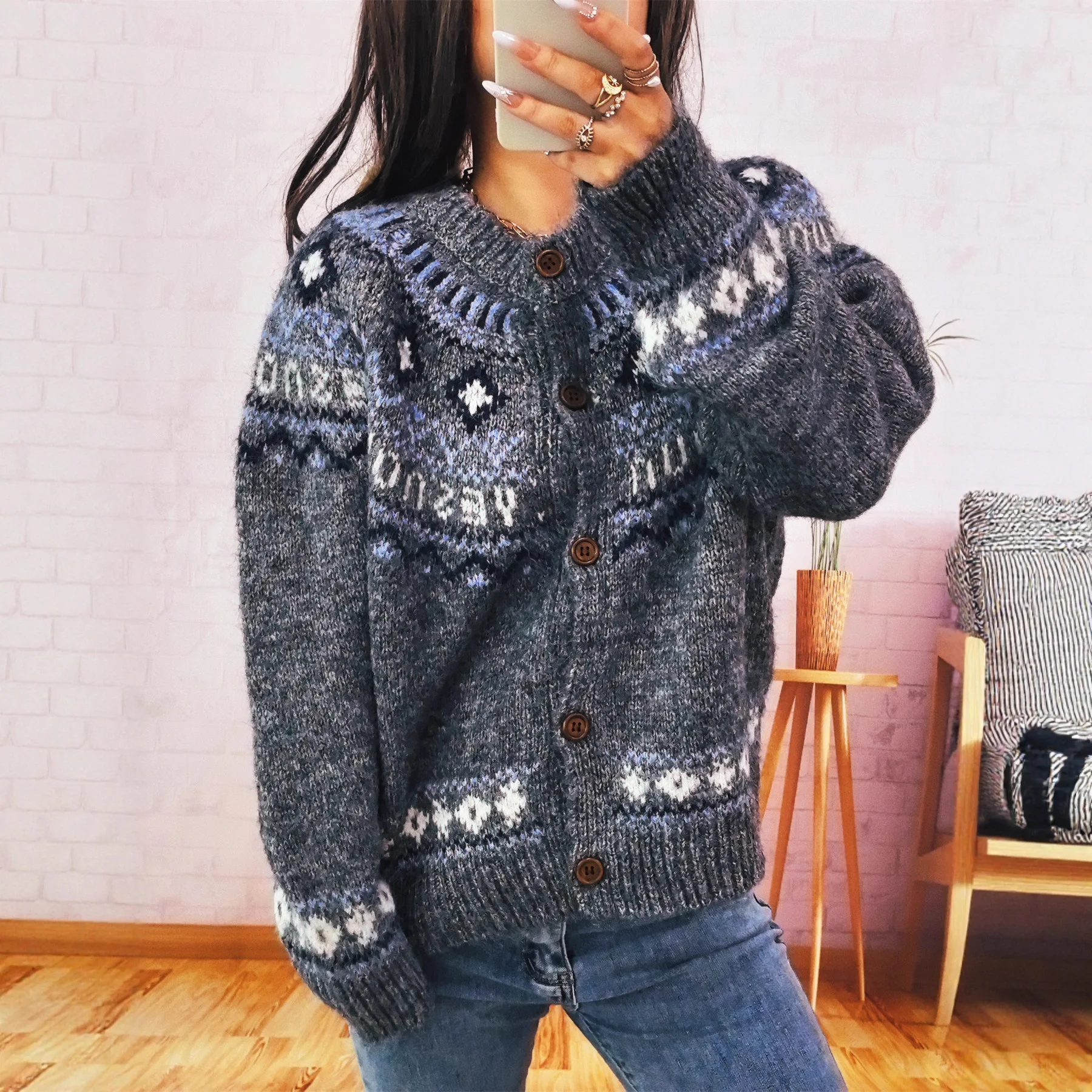 เสื้อคาร์ดิแกนไหมพรมถักลายวินเทจ คอทรงโอ แขนยาว ติดกระดุมแถวเดียว สำหรับผู้หญิง  คอลเลคชั่นฤดูใบไม้ร่วง-ฤดูหนาว