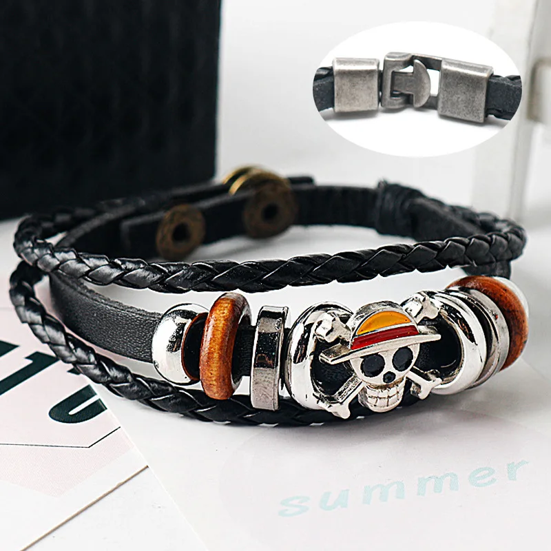 Neues Anime One Piece Piraten-Armband Cartoon-Actionfigur Lufei Strohhut Punk Schwarzes Leder Geflochtenes Armband Spielzeug Geburtstagsgeschenk